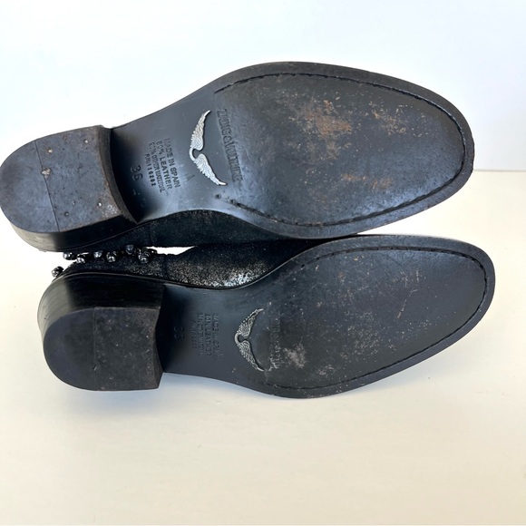 ZADIG & VOLTAIRE Black w Metallic Silver Leather Skull Gothic Ankle Boots Sz 36 - Picture 9 of 15